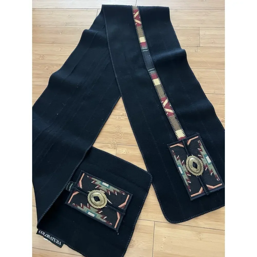 Vintage Coloratura Concho Black Scarf Wrap 100% Pure Wool Made In USA 71x10”
